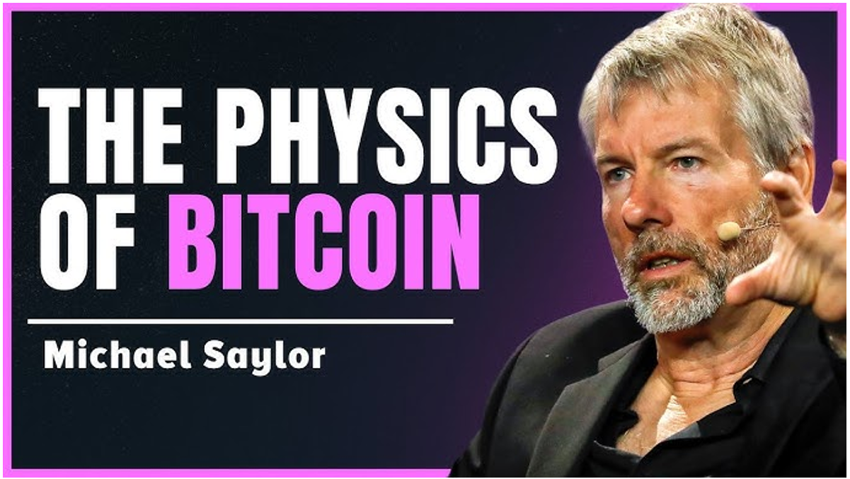 a youtube thumbnail of saylor's picture and text written as physics of bitcoin