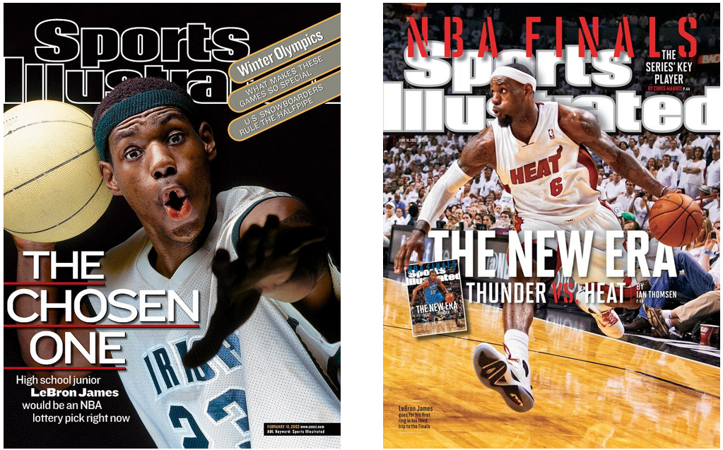 sports illustrated magazine covers of lebron james in his teen and in his late twenties