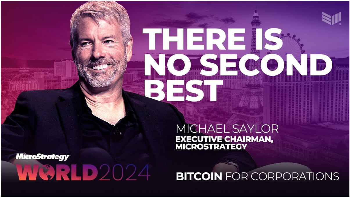 saylor on a youtube thumbnail for his speech at MicroStrategy World 2024