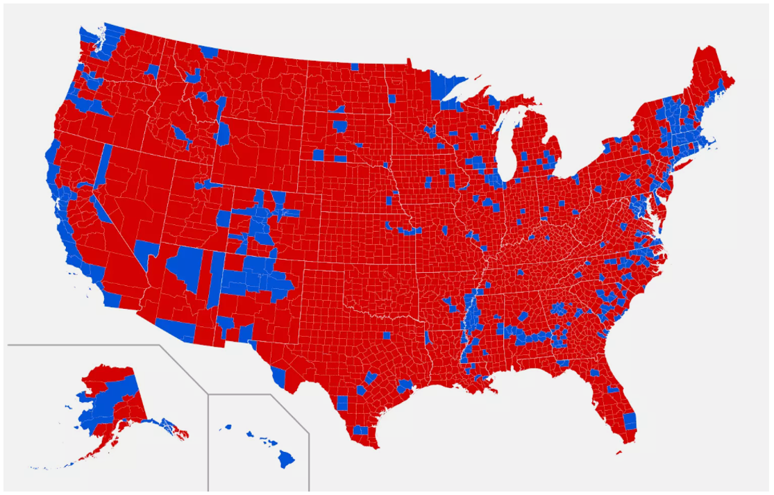 us map colored in red, representing republicans' win in last election