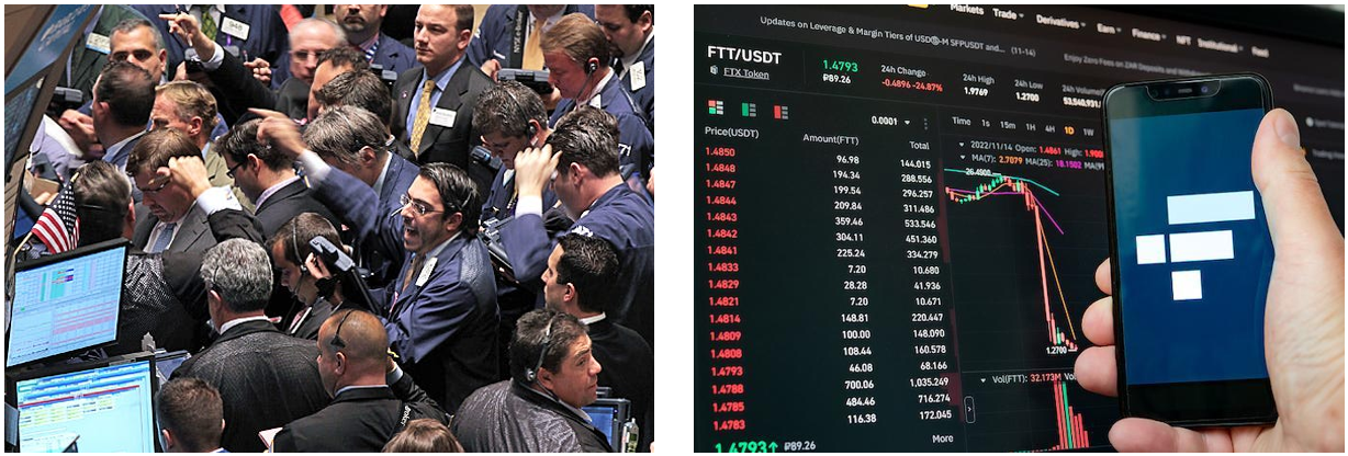 pictures of nyse trading floor on the left and digital trading screen on the right