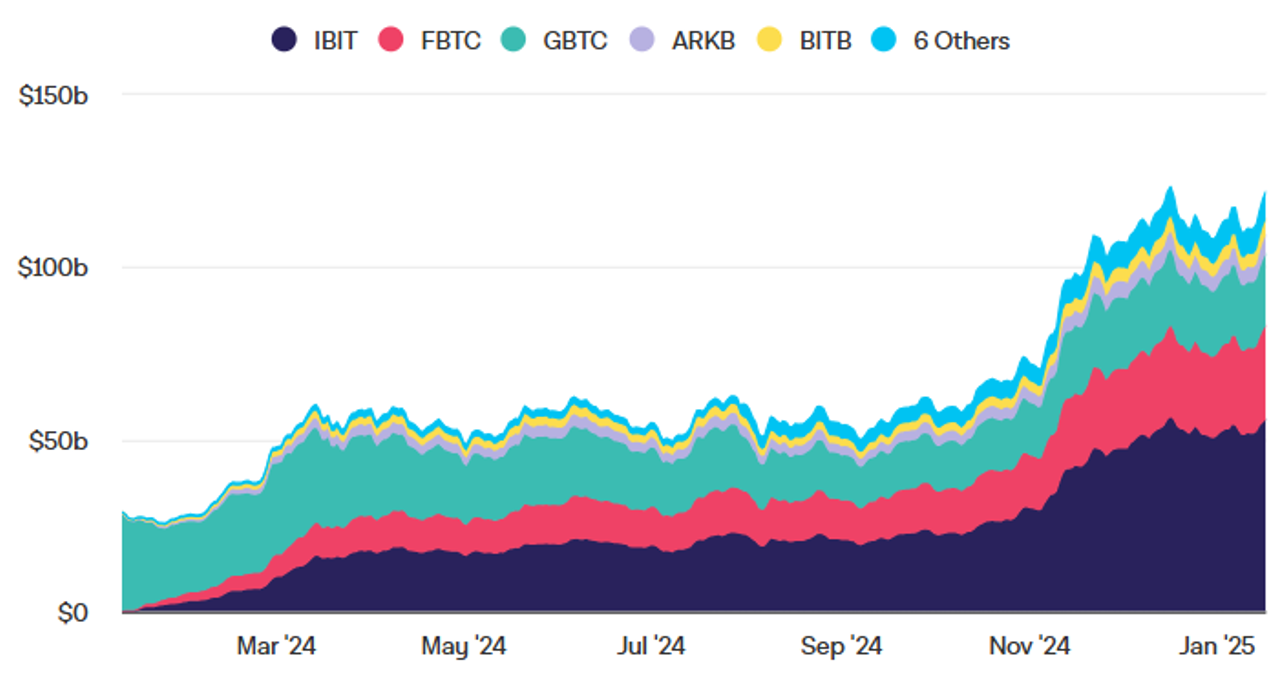 a graph showing increasing aum of btc spot etfs