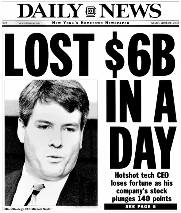 a first page of a newspaper in 2000 showing saylor's picture saying lost $6b in a day