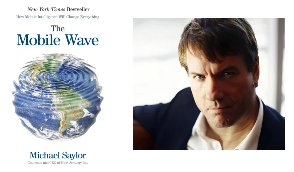 a picture of young michael saylor with his best selling book the mobile wave