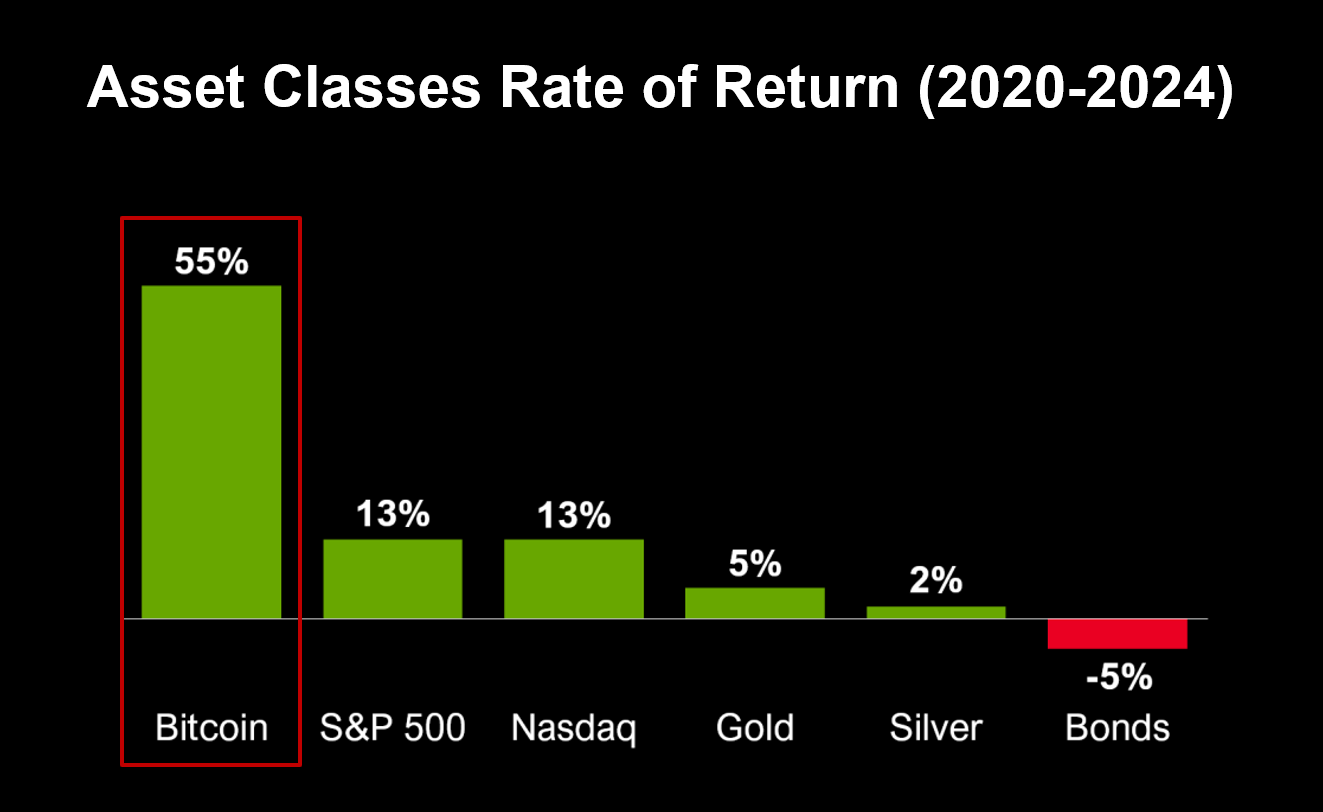 bar graphs of annual rate of return for global assets including bitcoin