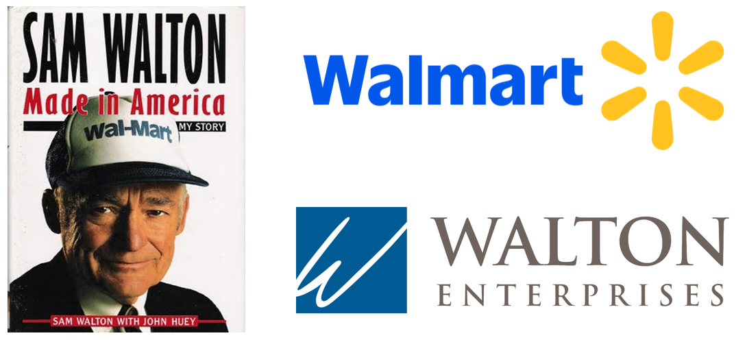 a picture of sam walton and logo of walmart and walton enterprises