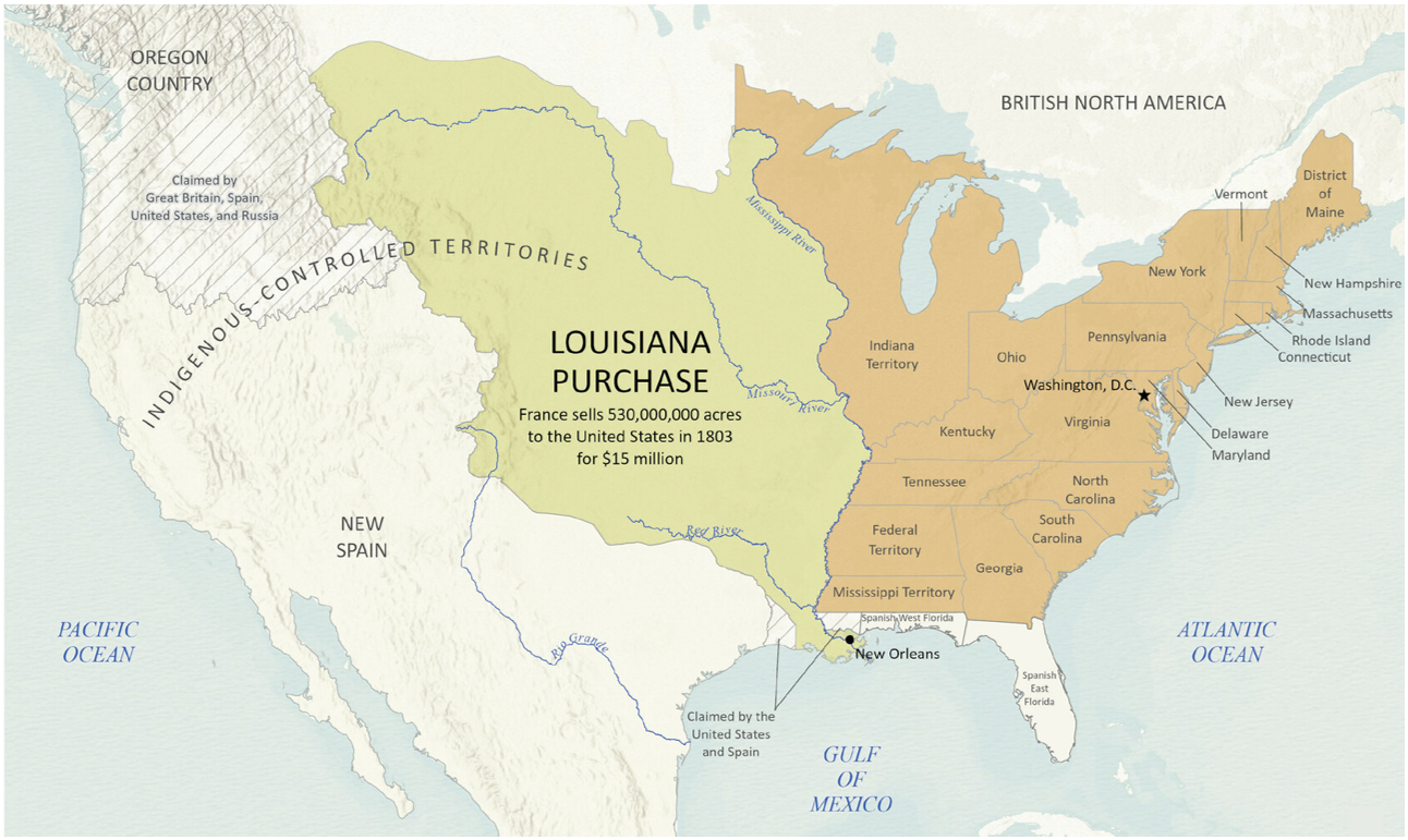 map showing territory gained through the louisiana purchase