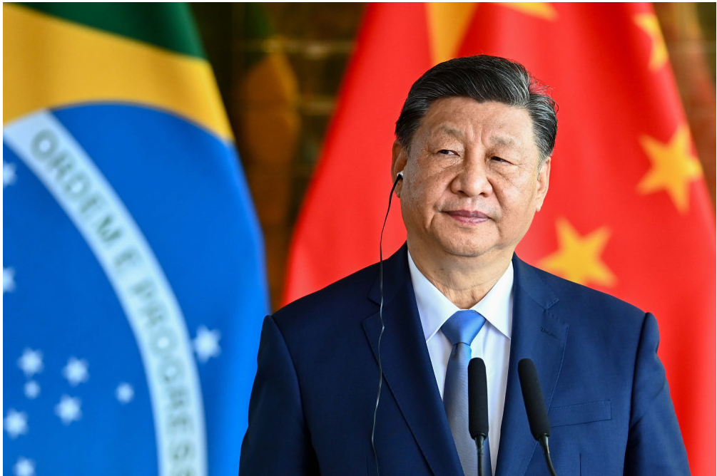 a picture of xijinping with brics flags in the background