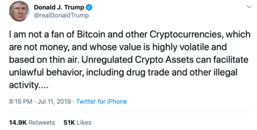 trump's tweet about not being a fan of bitcoin