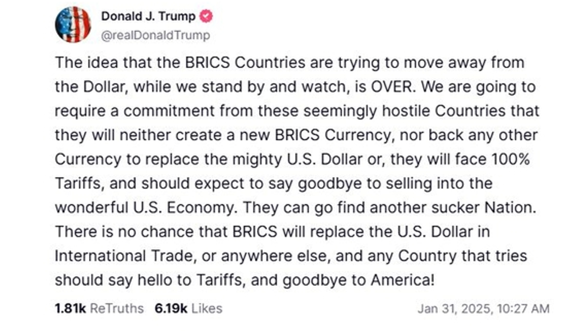 a truth social post from trump about criticizing bricspay